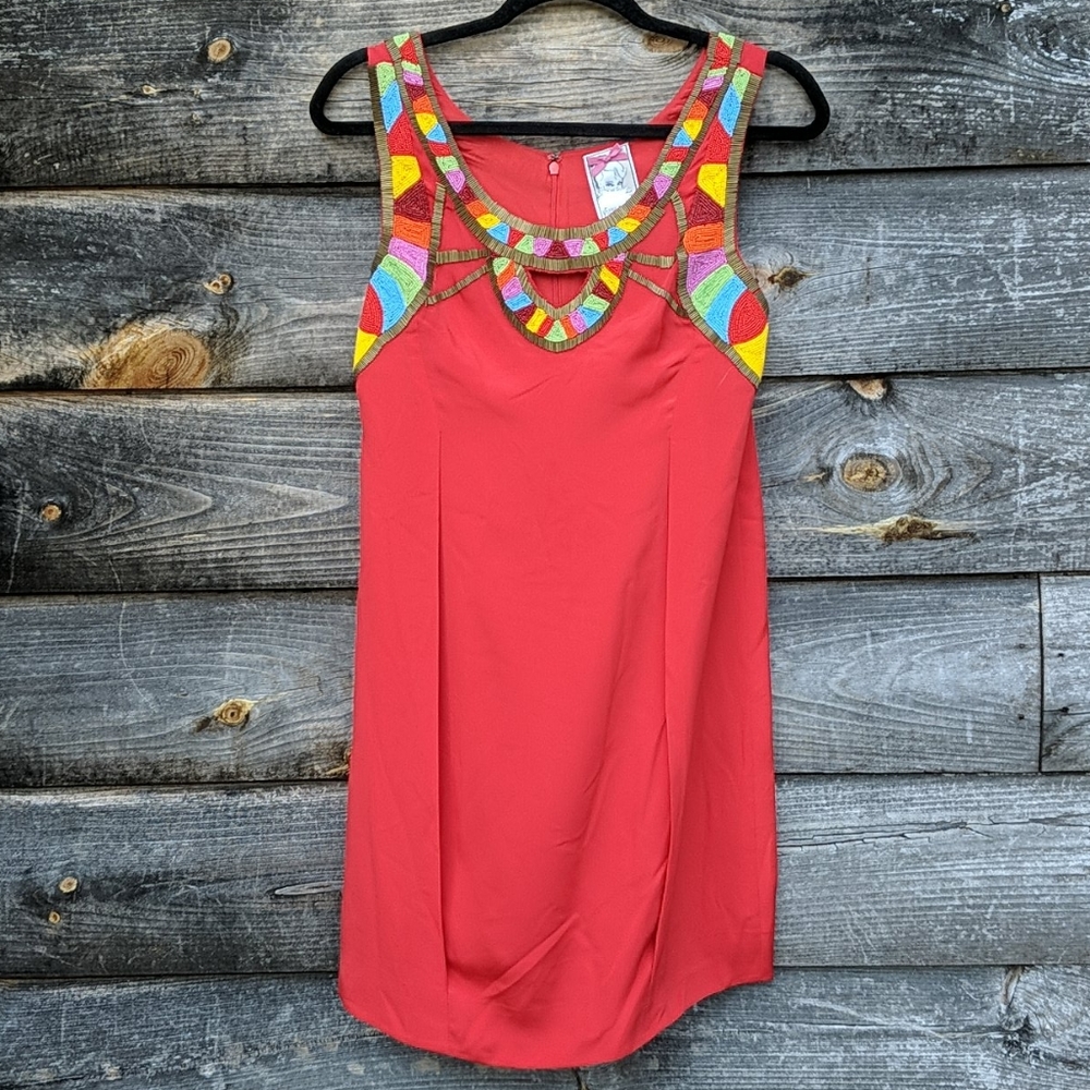 Yoana Baraschi Red Mini Dress with Colorful Geometric Accents